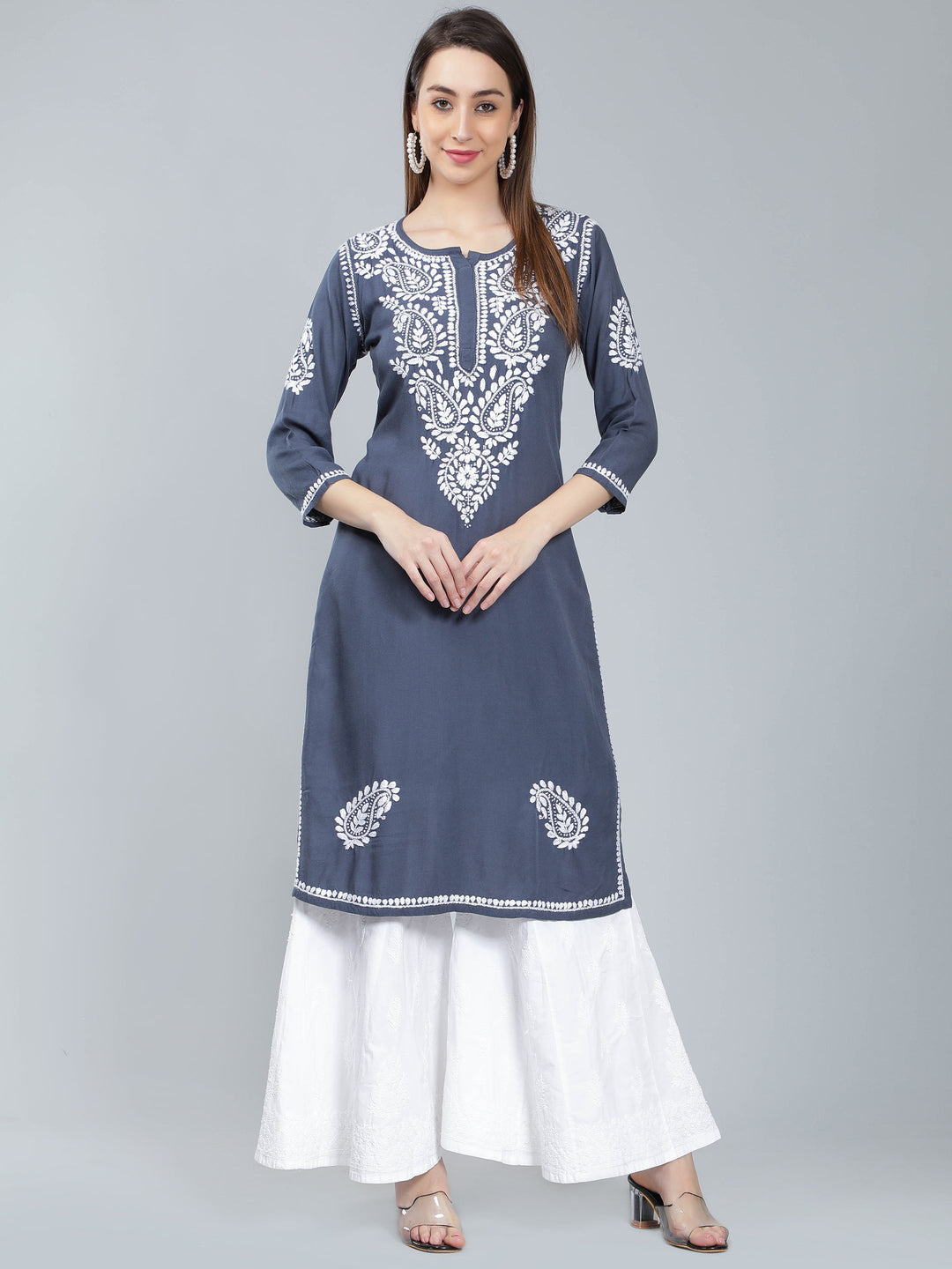 Grey-Color-Rayon-Kurta-with-White-Chikan-Work