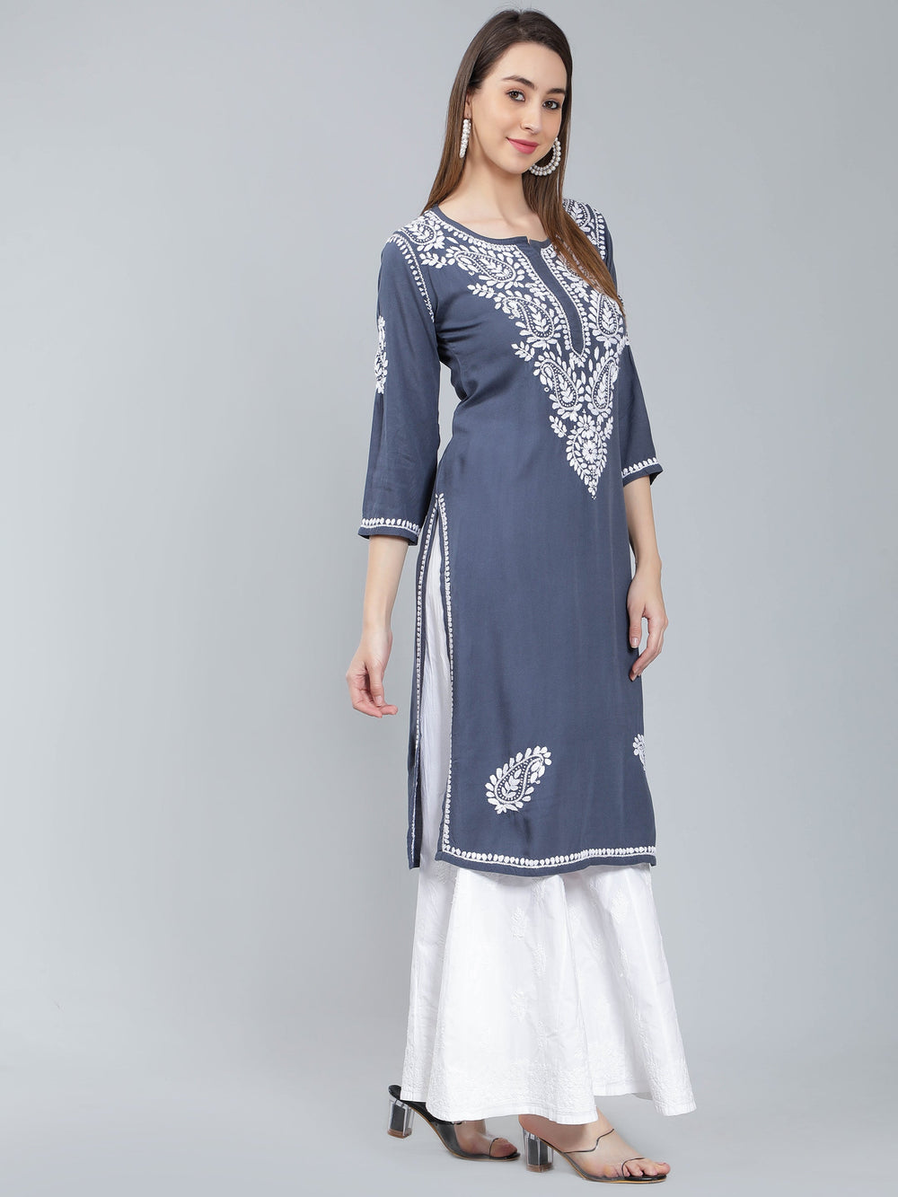 Grey-Color-Rayon-Kurta-with-White-Chikan-Work
