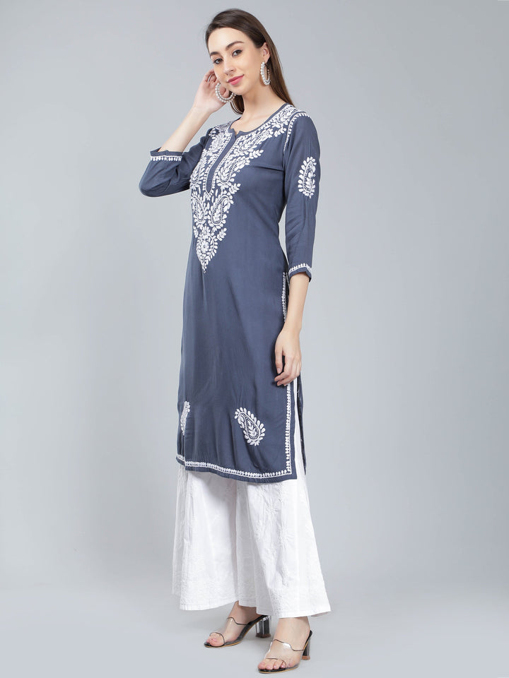Grey-Color-Rayon-Kurta-with-White-Chikan-Work