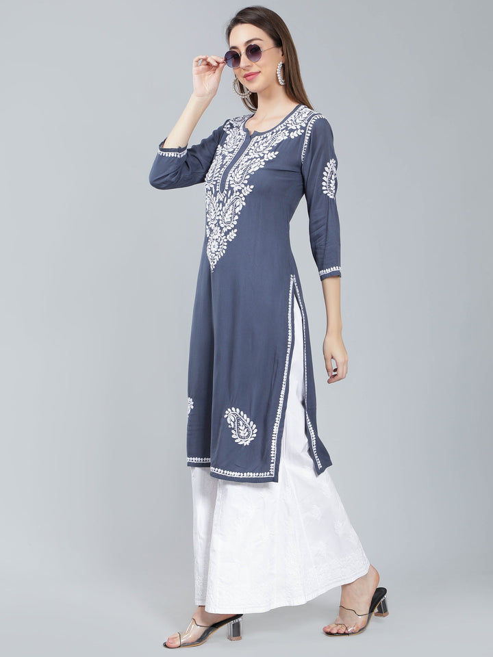 Grey-Color-Rayon-Kurta-with-White-Chikan-Work