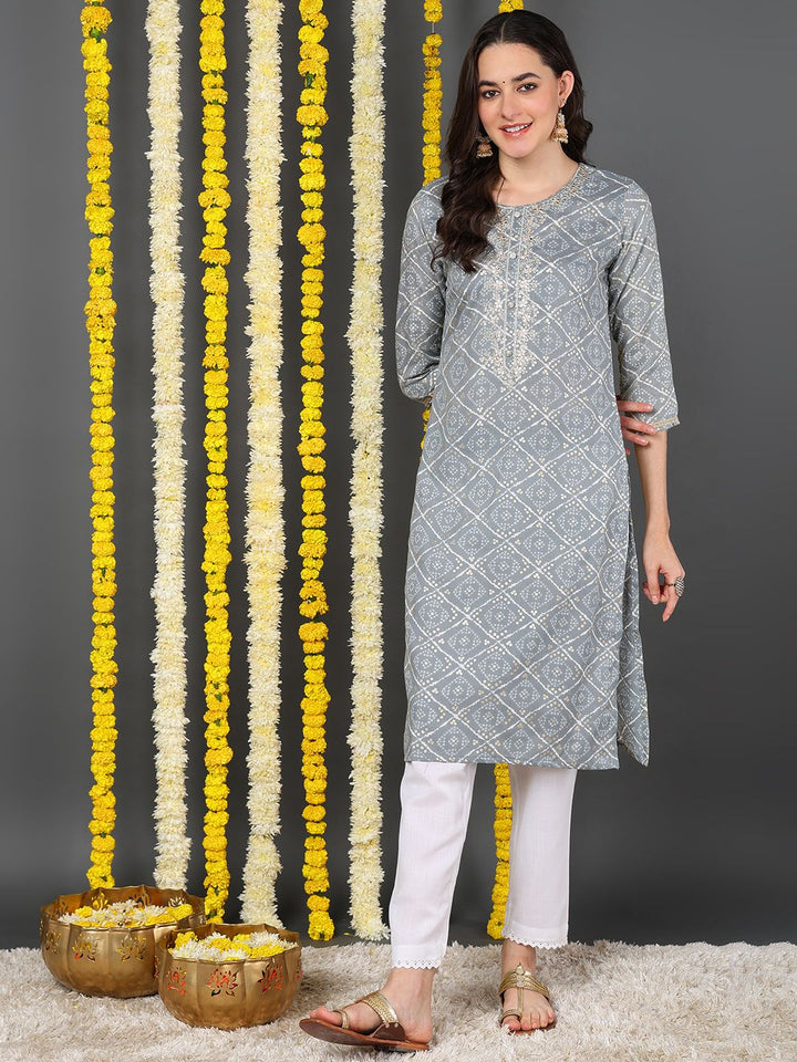 Grey Cotton Blend Bandhani Printed Straight Kurta