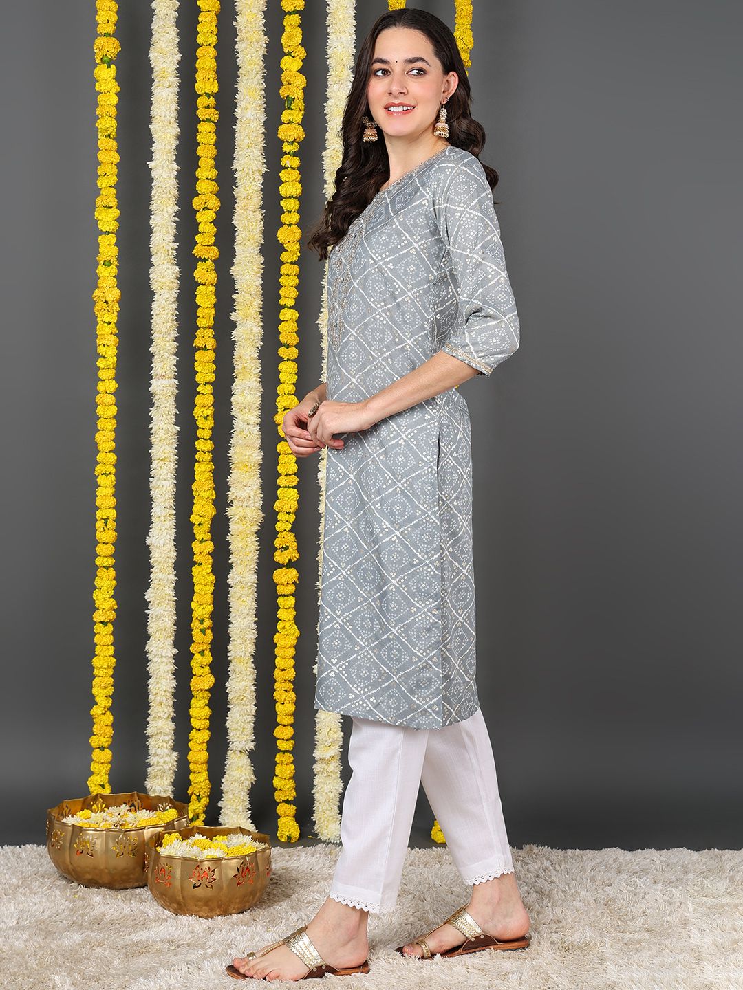 Grey Cotton Blend Bandhani Printed Straight Kurta