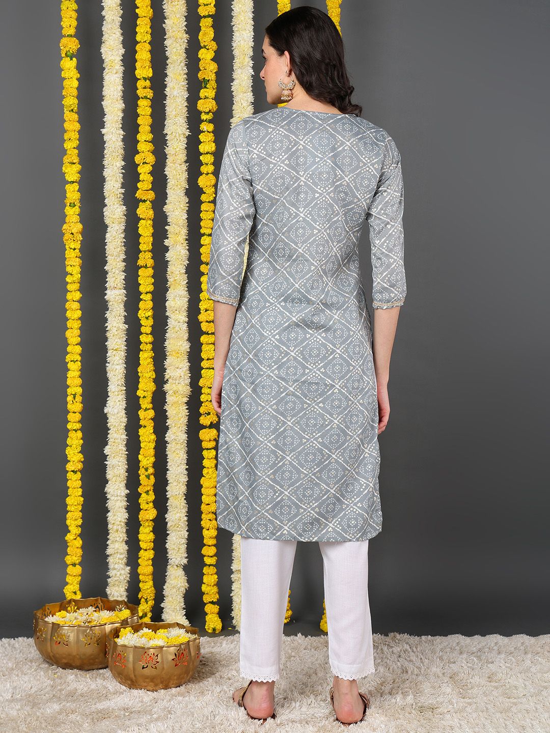 Grey Cotton Blend Bandhani Printed Straight Kurta