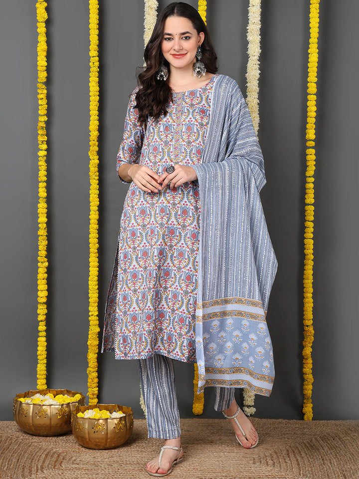 Grey Cotton Blend Ethnic Motifs Printed Straight Kurta Trouser With Dupatta