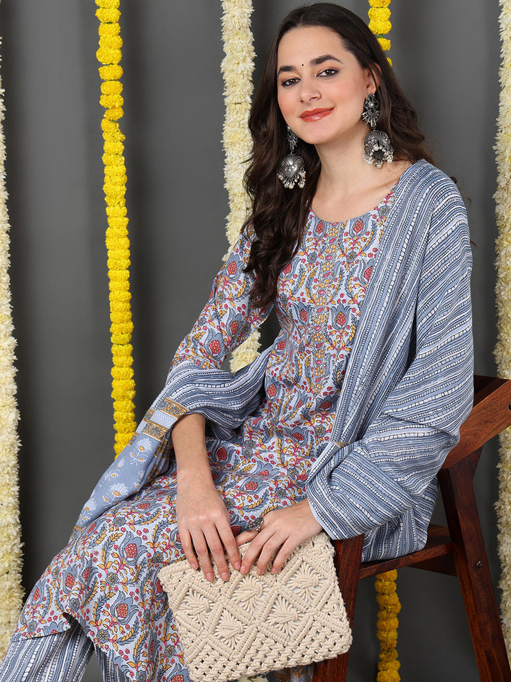 Grey Cotton Blend Ethnic Motifs Printed Straight Kurta Trouser With Dupatta