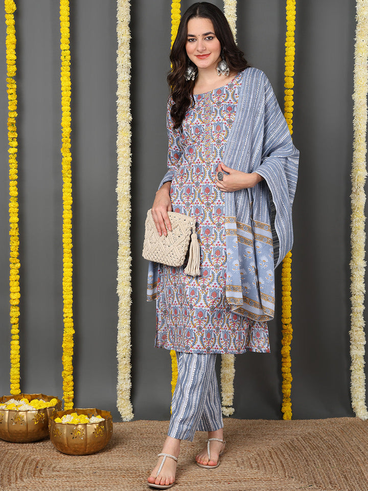 Grey Cotton Blend Ethnic Motifs Printed Straight Kurta Trouser With Dupatta