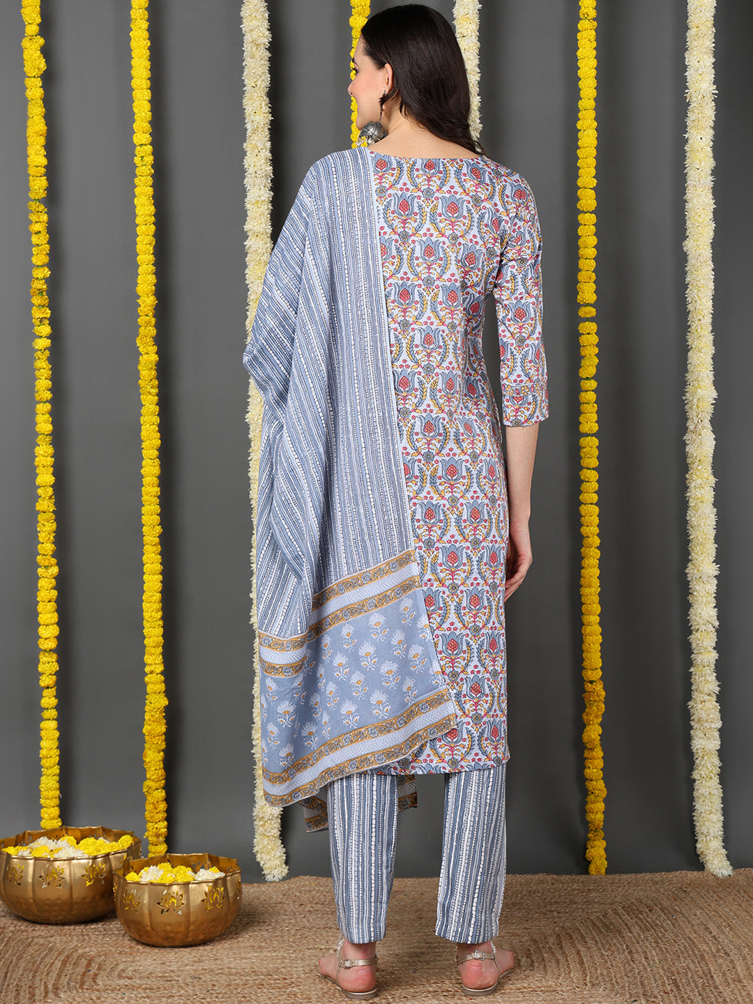 Grey Cotton Blend Ethnic Motifs Printed Straight Kurta Trouser With Dupatta