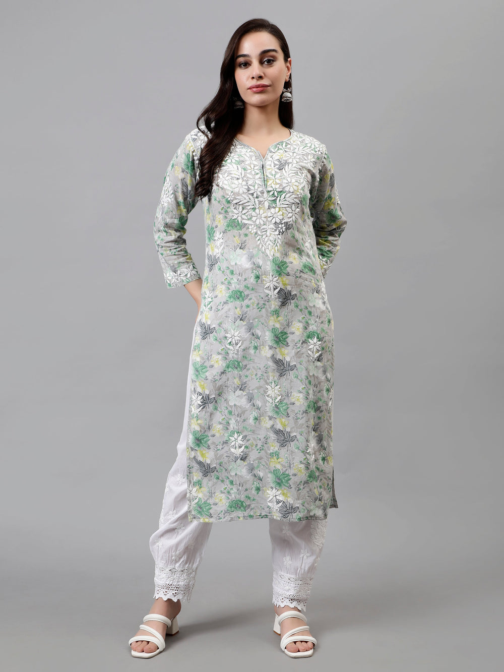 Grey-Cotton-Embroidered-Lucknowi-Chikankari-Kurti