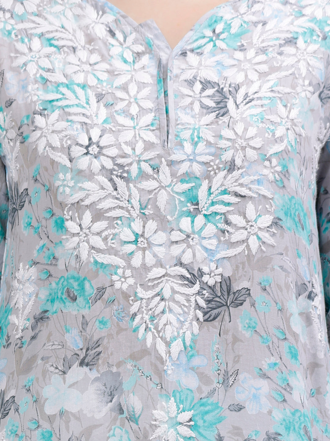 Grey-Cotton-Hand-Embroidered-Lucknowi-Chikankari-Kurti