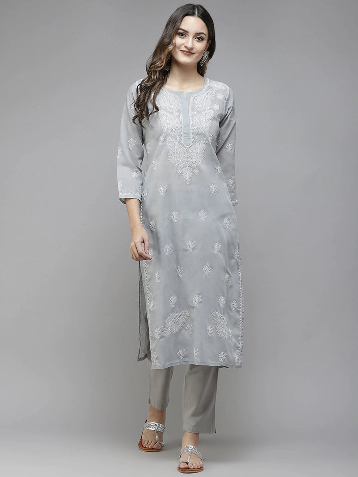 Grey-Cotton-Lucknowi-Chikan-Kurta