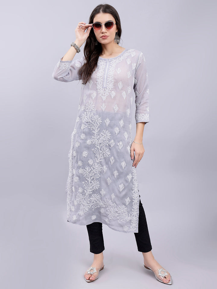 Grey Cotton Lucknowi Chikankari Embroidered Kurti