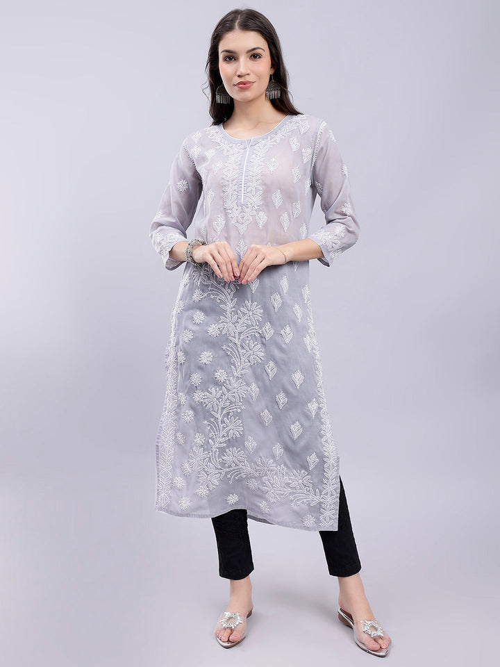 Grey Cotton Lucknowi Chikankari Embroidered Kurti