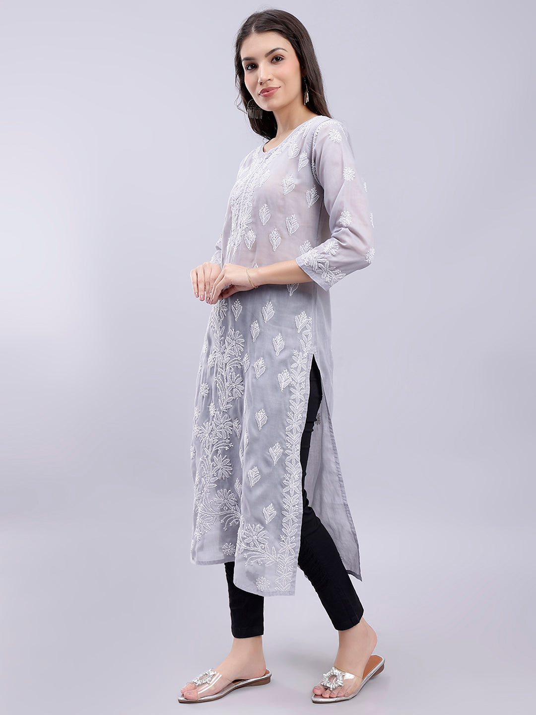 Grey Cotton Lucknowi Chikankari Embroidered Kurti