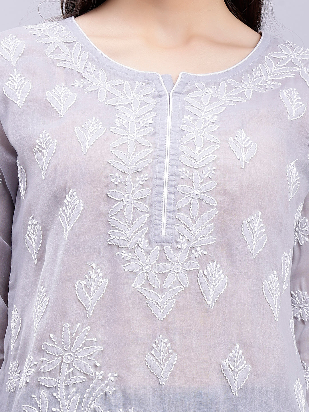 Grey Cotton Lucknowi Chikankari Embroidered Kurti