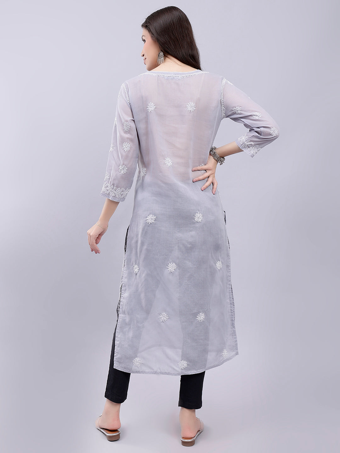 Grey Cotton Lucknowi Chikankari Embroidered Kurti