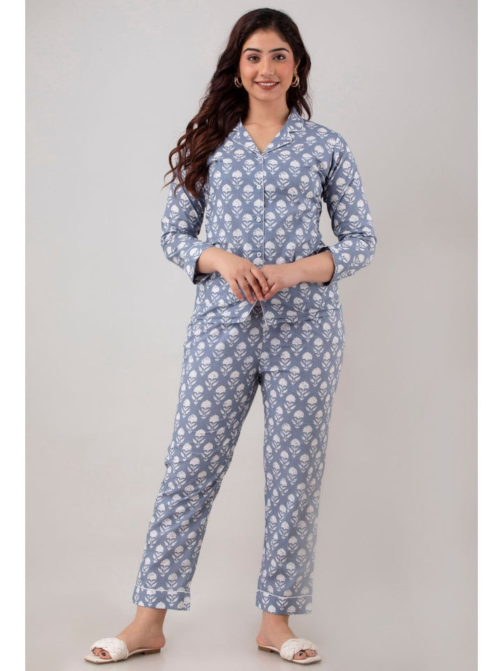 Grey Cotton Night Suit with Front Pocket
