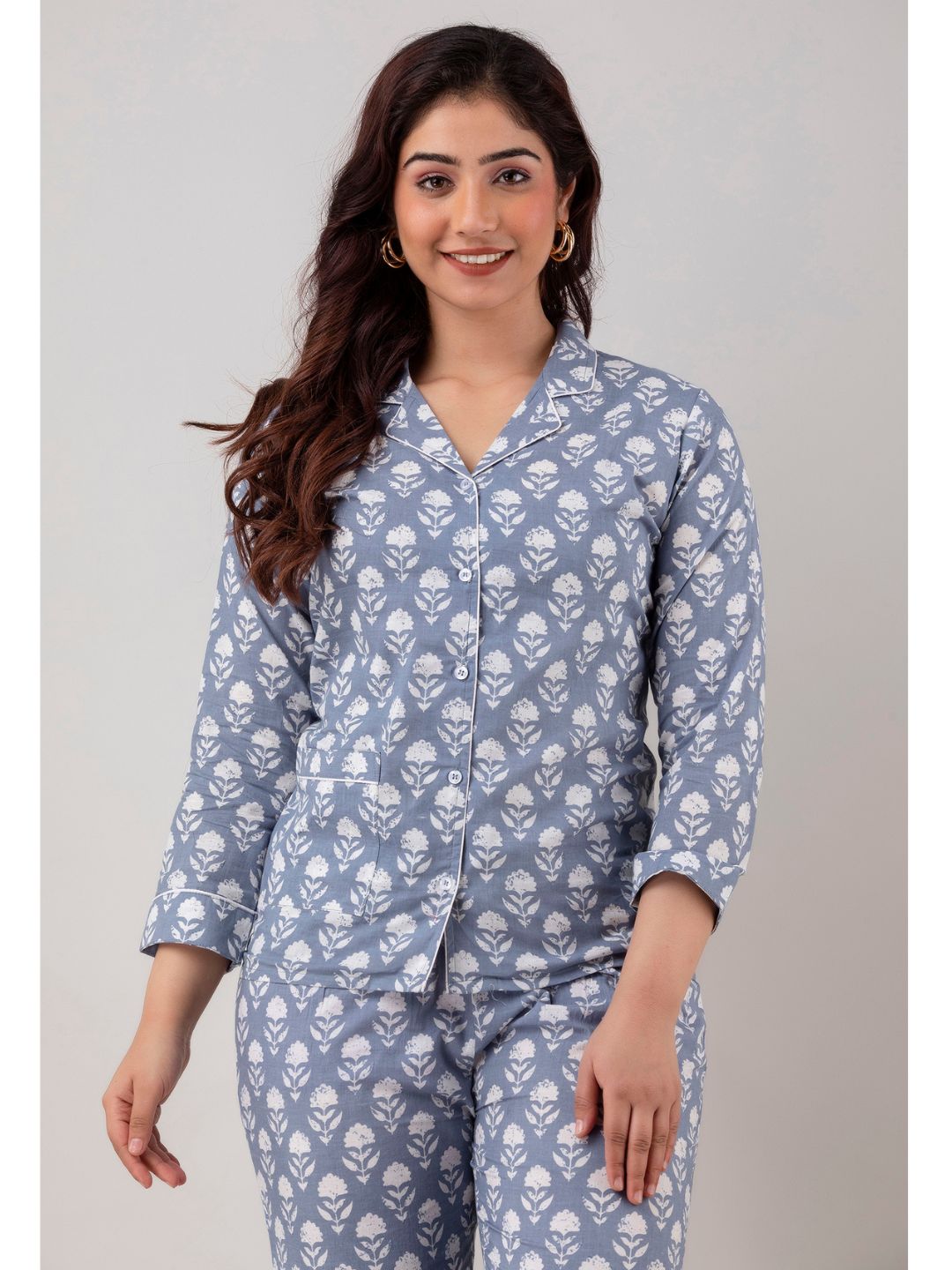 Grey Cotton Night Suit with Front Pocket