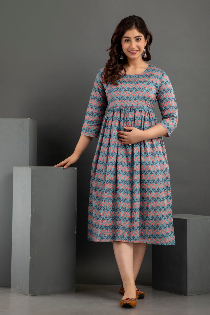 Grey Cotton Printed Maternity  Baby feeding kurta