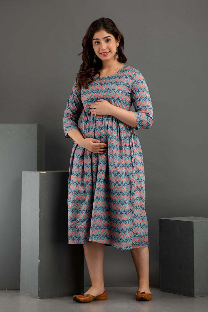 Grey Cotton Printed Maternity  Baby feeding kurta