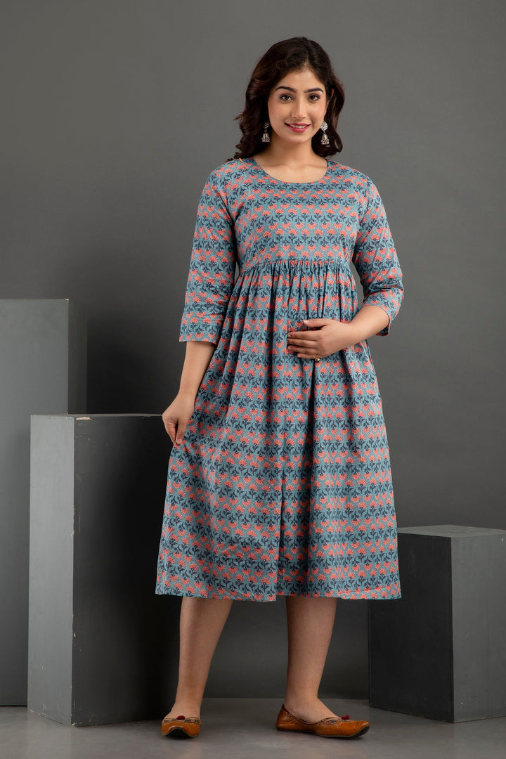 Grey Cotton Printed Maternity  Baby feeding kurta