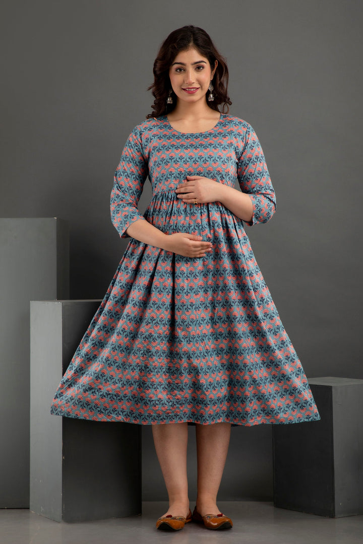 Grey Cotton Printed Maternity  Baby feeding kurta