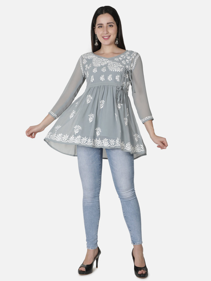 Grey Georgette Angarkha Chikankari Tunic Top With Slip