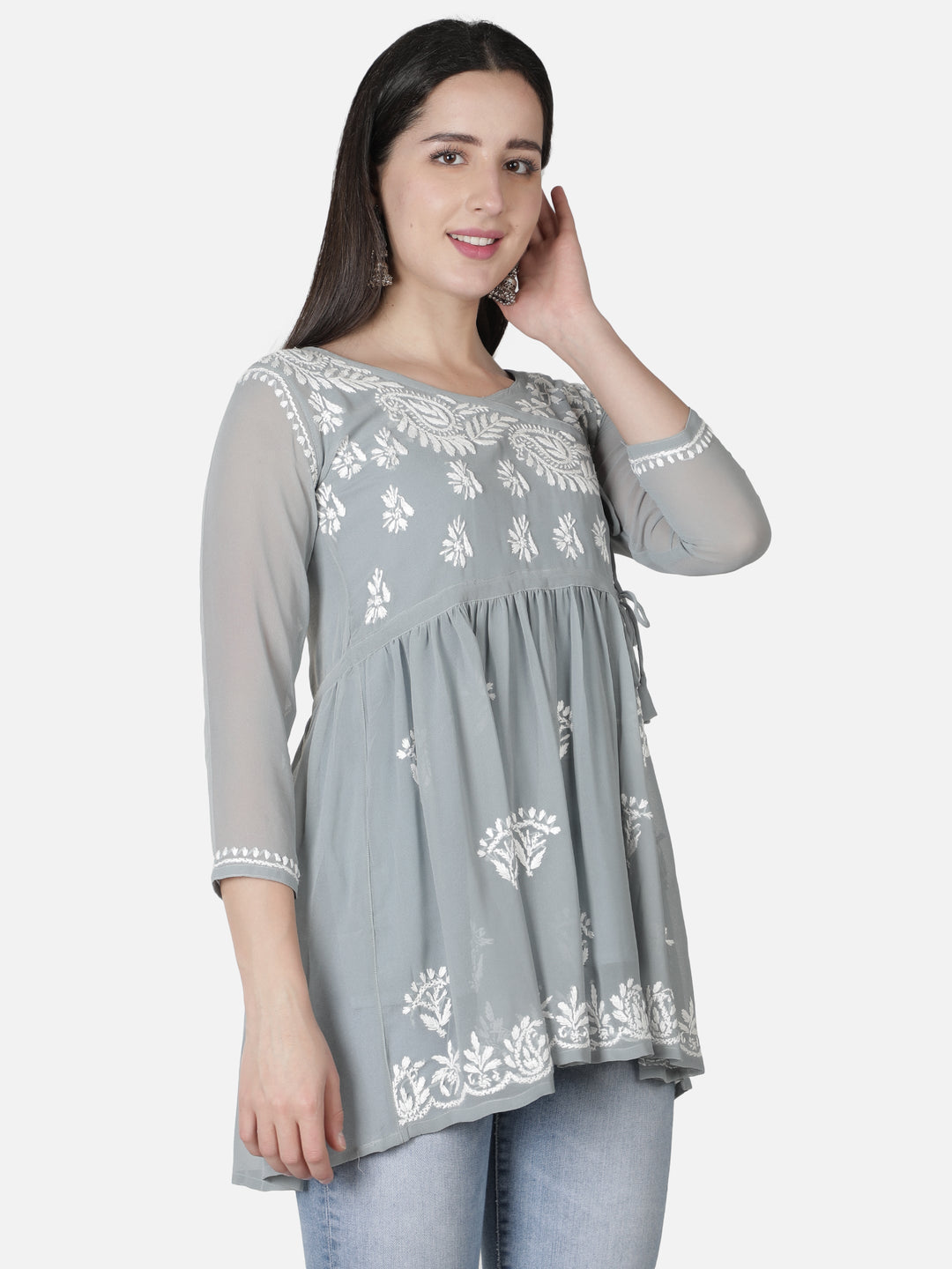 Grey Georgette Angarkha Chikankari Tunic Top With Slip