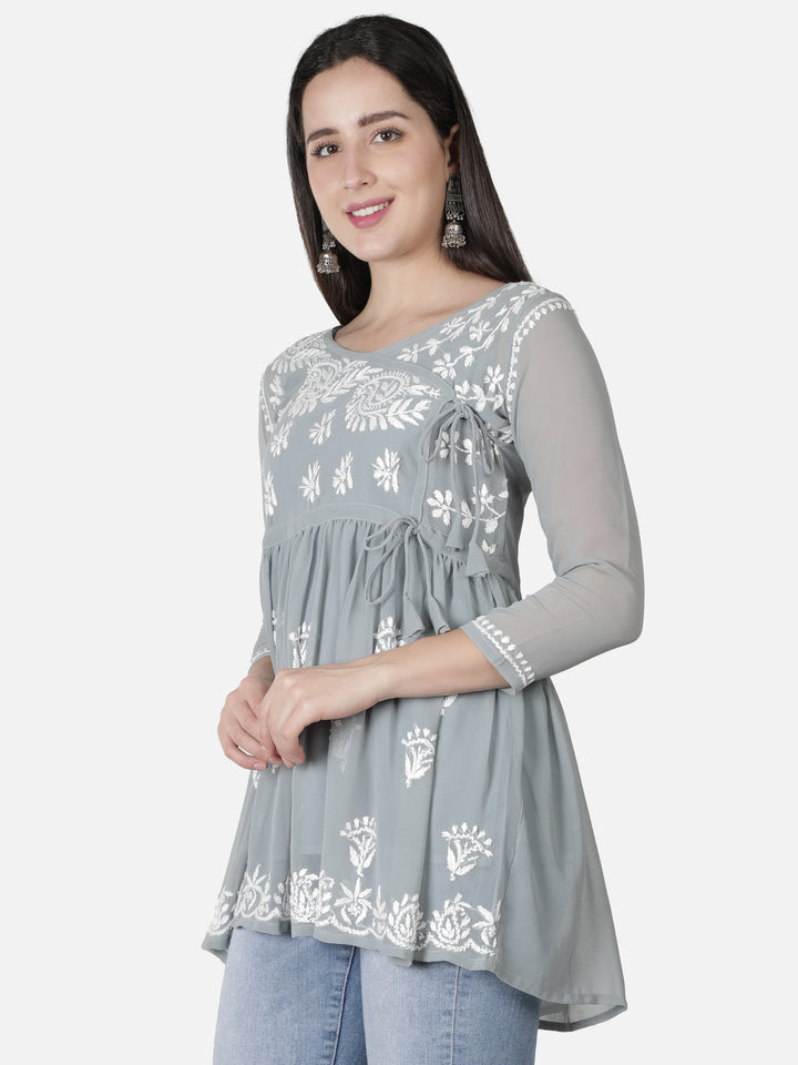 Grey Georgette Angarkha Chikankari Tunic Top With Slip