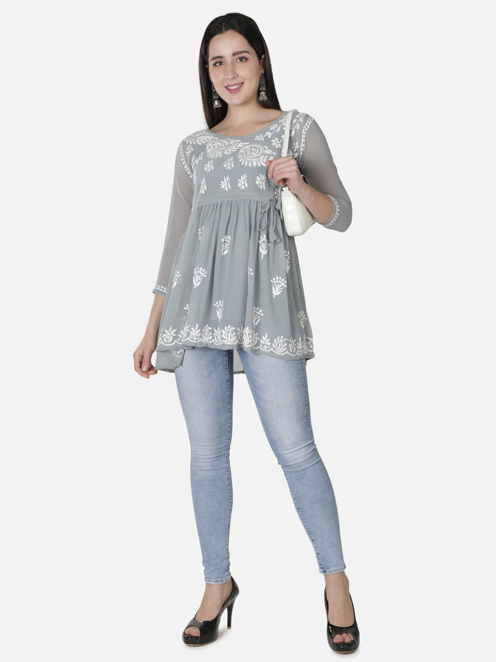 Grey Georgette Angarkha Chikankari Tunic Top With Slip