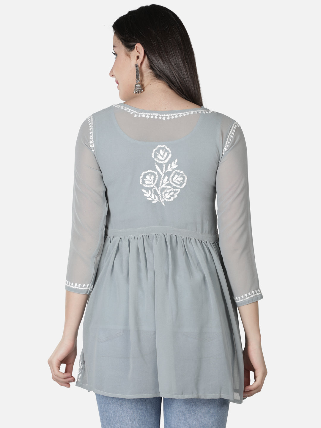 Grey Georgette Angarkha Chikankari Tunic Top With Slip