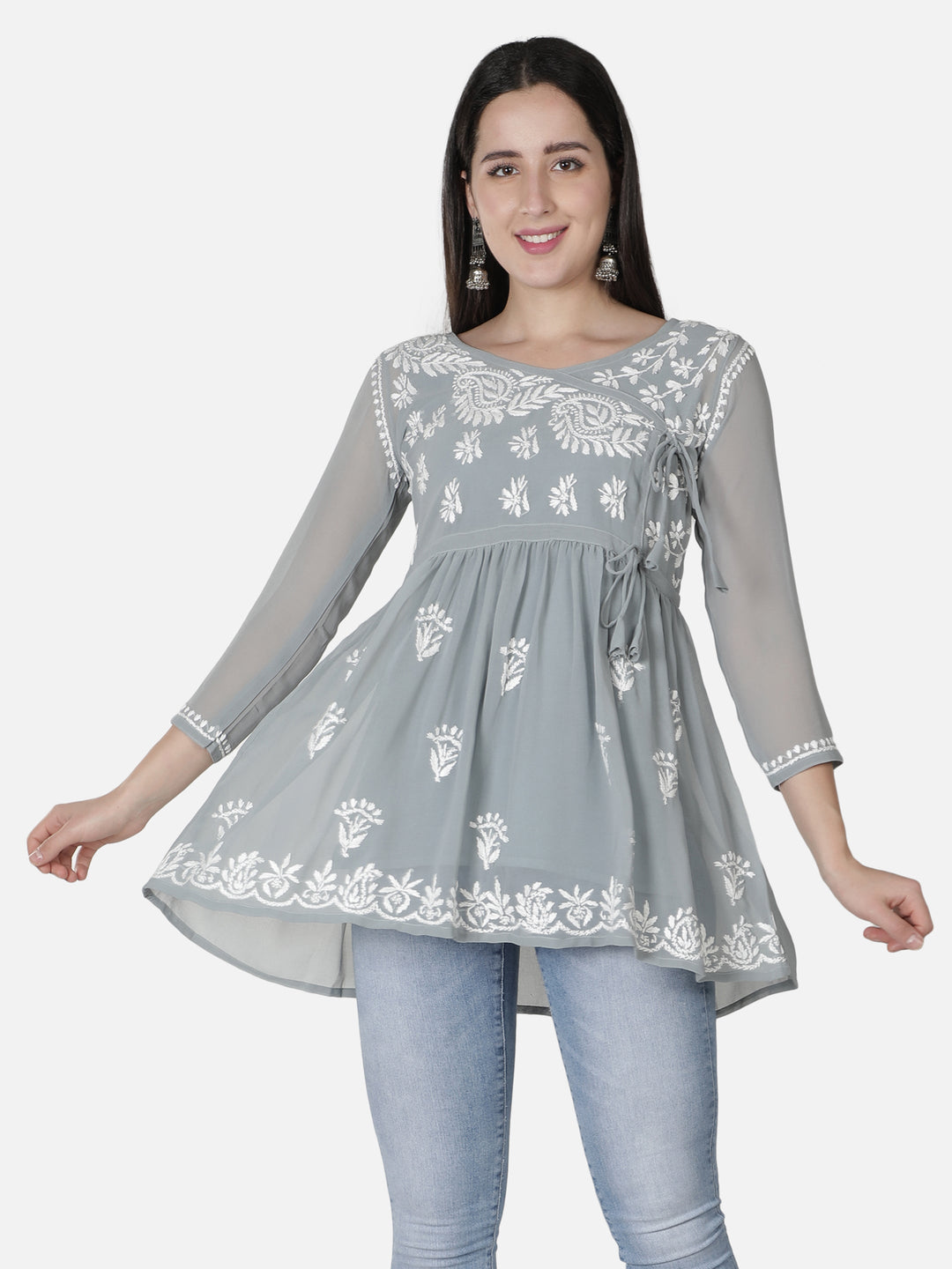 Grey Georgette Angarkha Chikankari Tunic Top With Slip