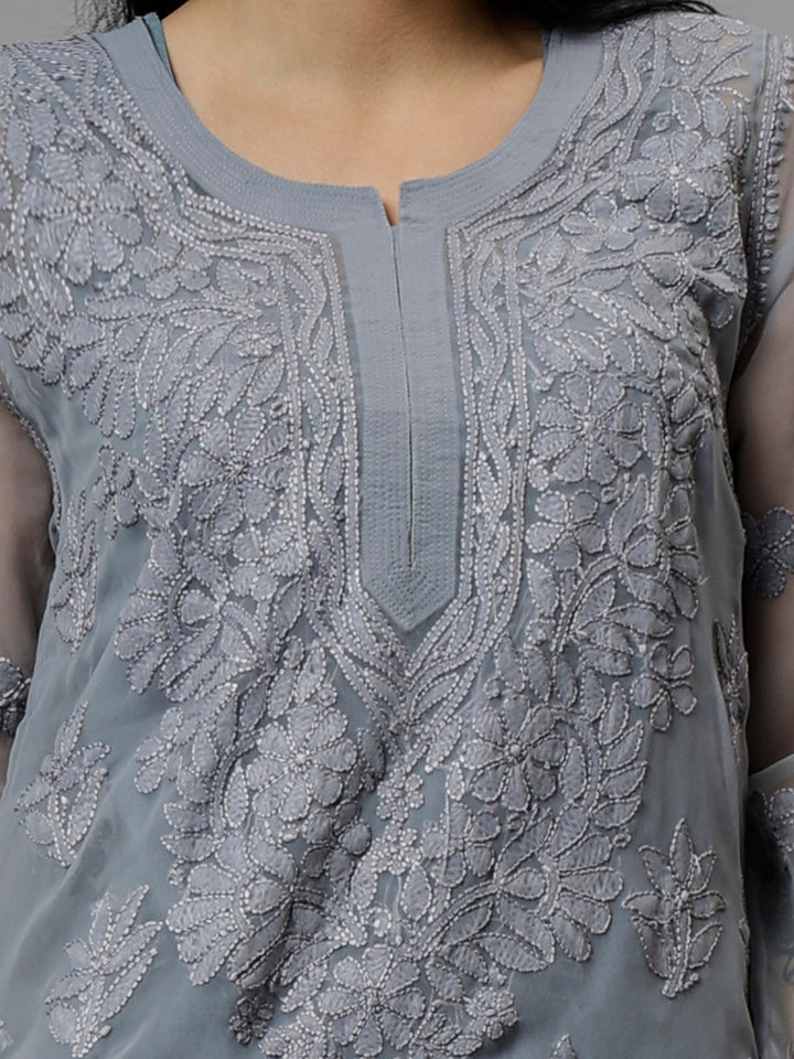 Grey-Georgette-Embroidered-Chikankari-Kurti-with-Slip