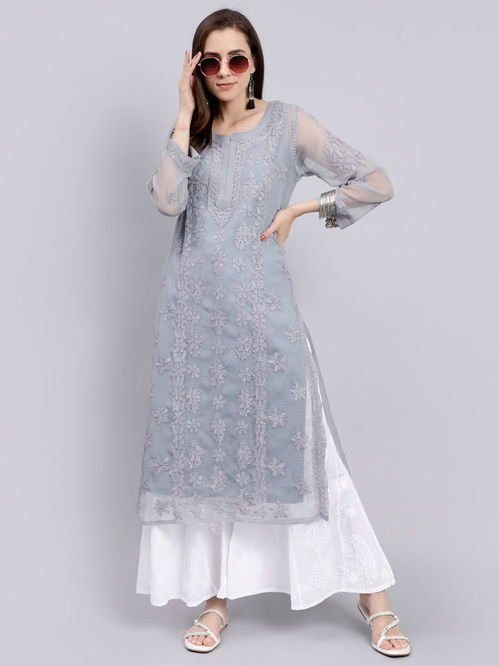 Grey Georgette Handwoven Chikankari Kurti with Slip