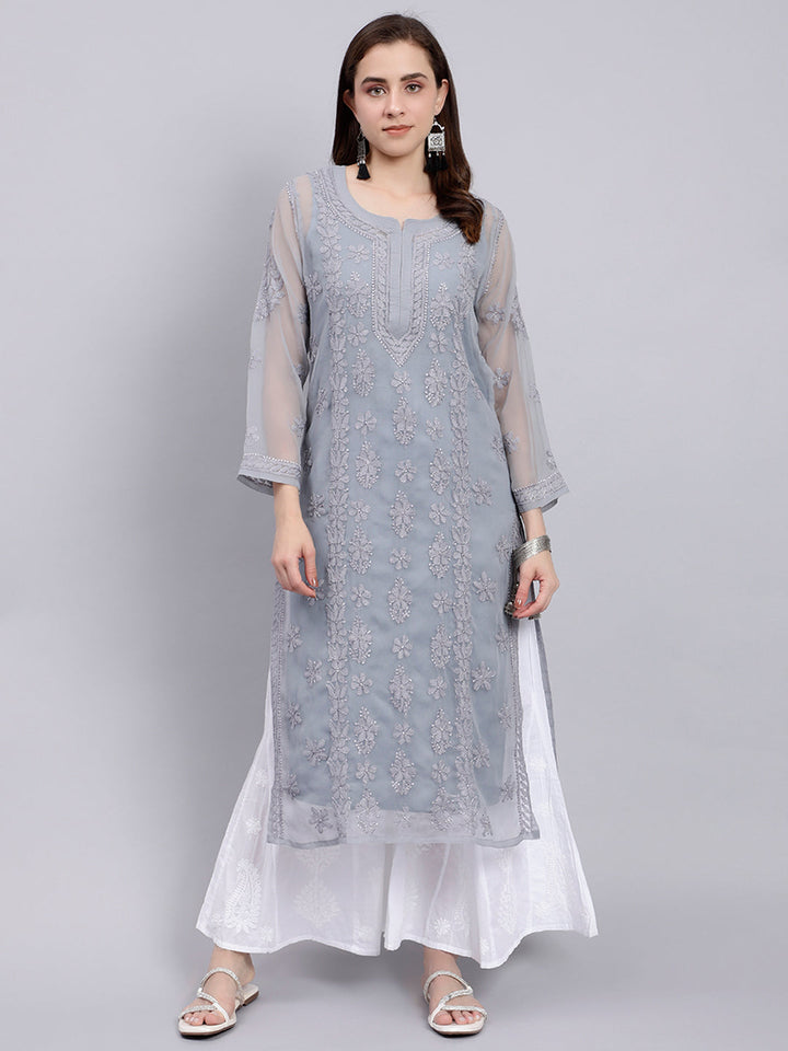 Grey Georgette Handwoven Chikankari Kurti with Slip