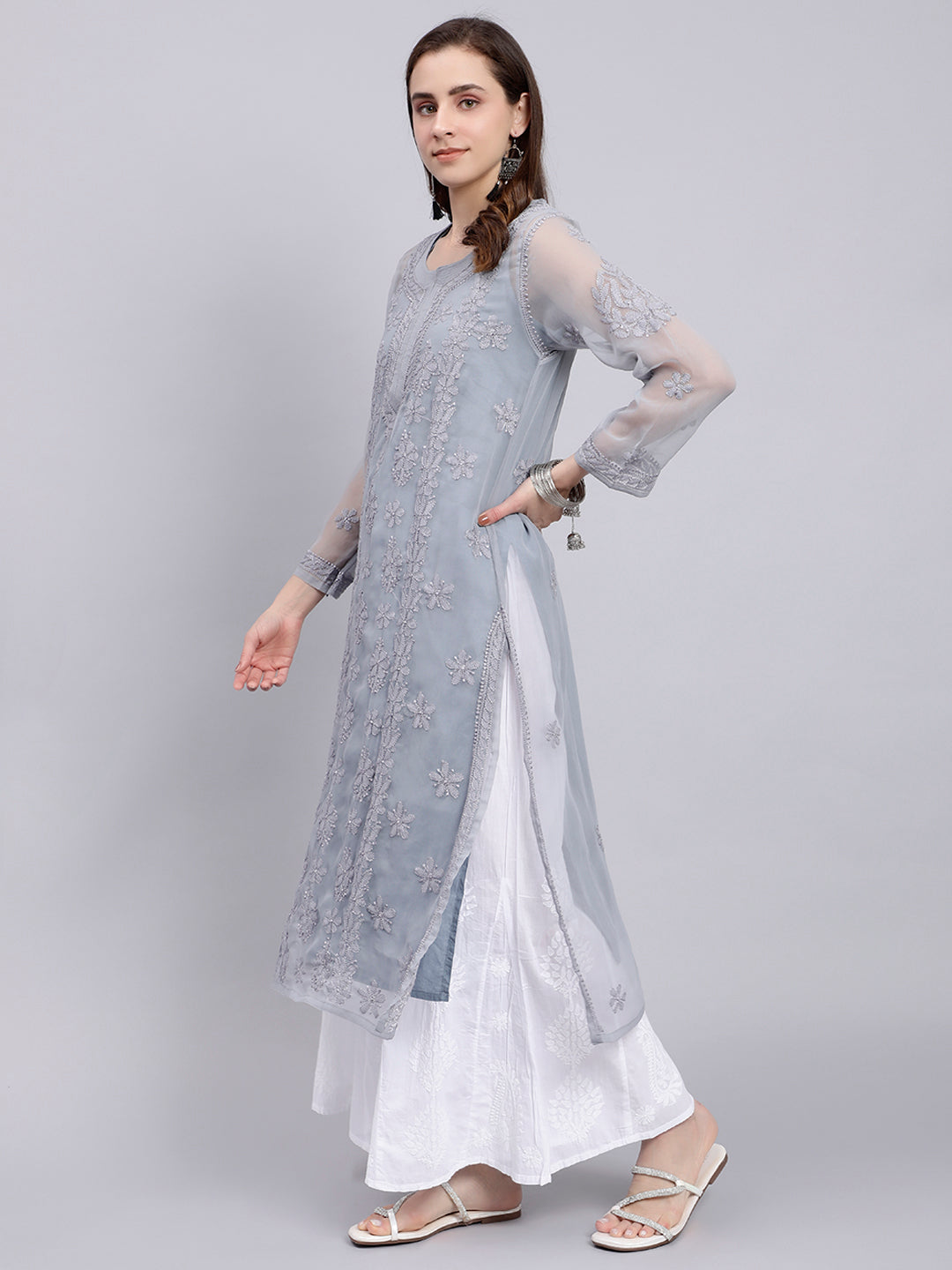 Grey Georgette Handwoven Chikankari Kurti with Slip