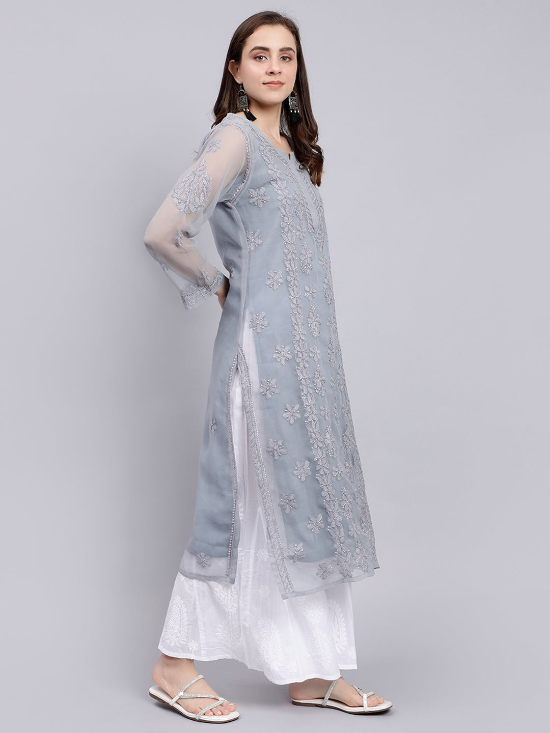 Grey Georgette Handwoven Chikankari Kurti with Slip