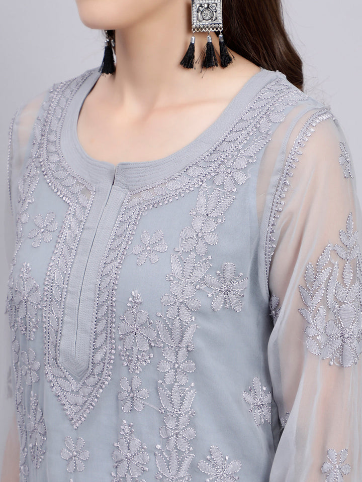 Grey Georgette Handwoven Chikankari Kurti with Slip