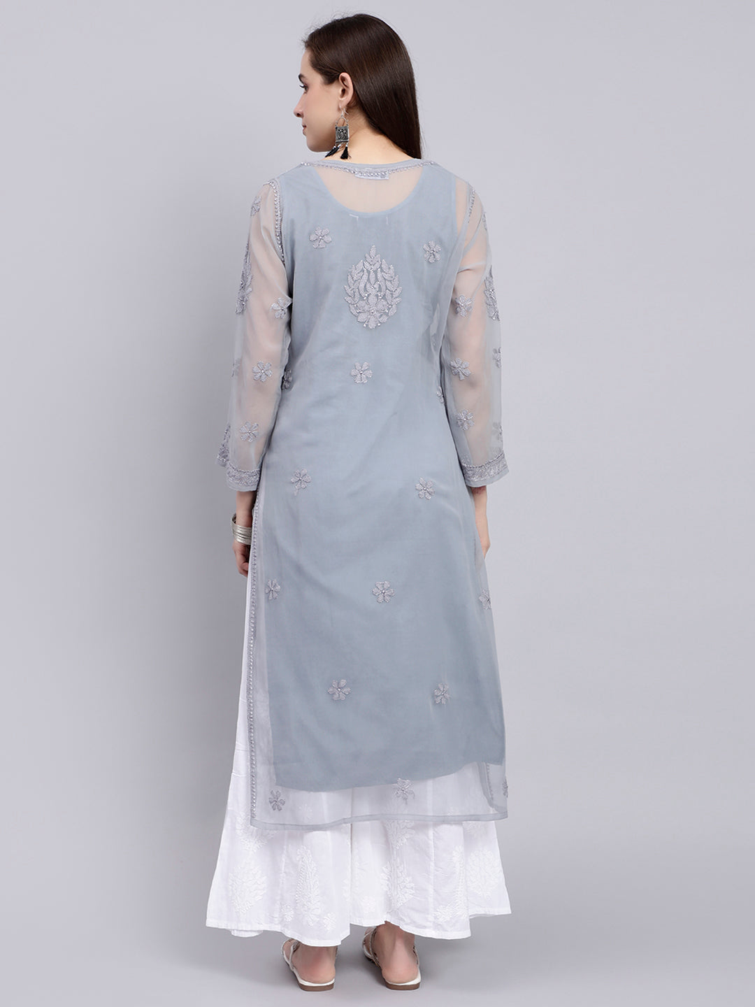 Grey Georgette Handwoven Chikankari Kurti with Slip