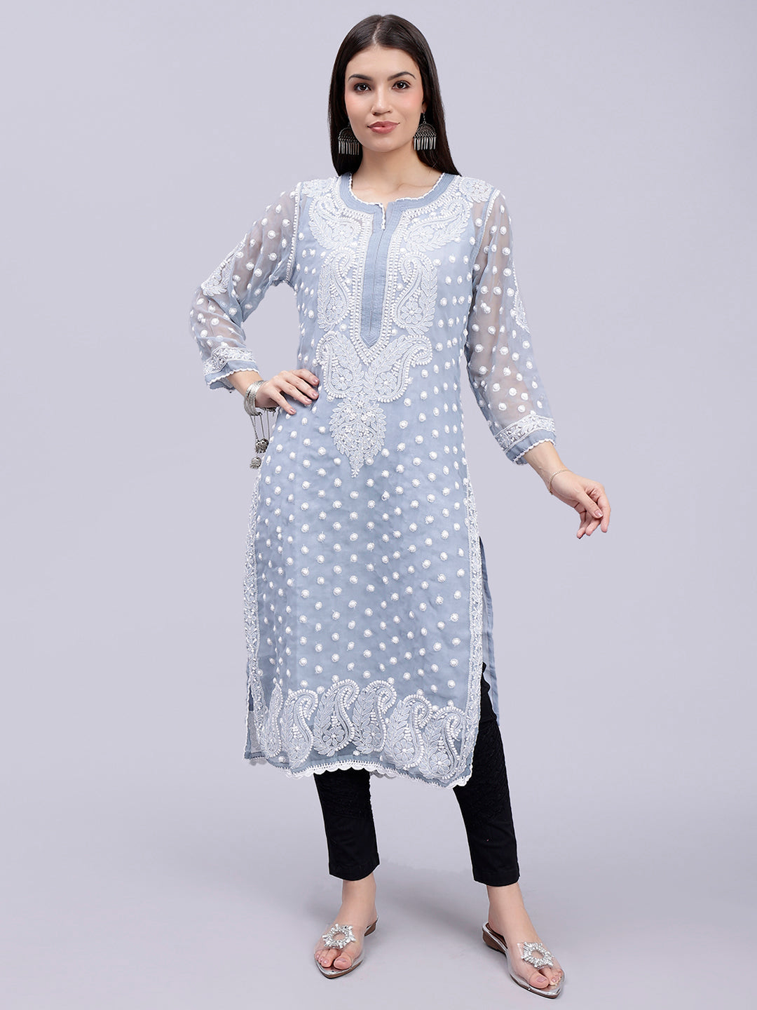 Grey Georgette Polka Dot & Paisley Chikankari Kurti with Slip