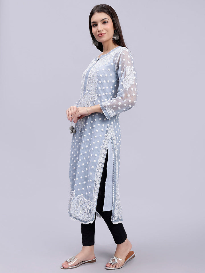 Grey Georgette Polka Dot & Paisley Chikankari Kurti with Slip