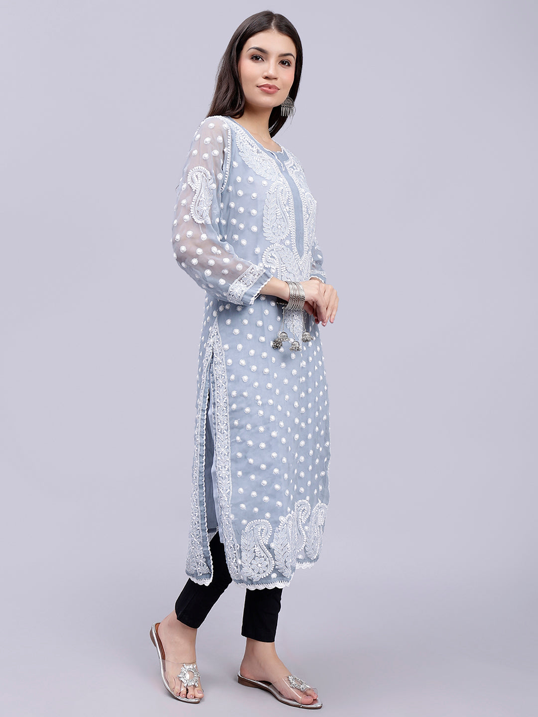 Grey Georgette Polka Dot & Paisley Chikankari Kurti with Slip