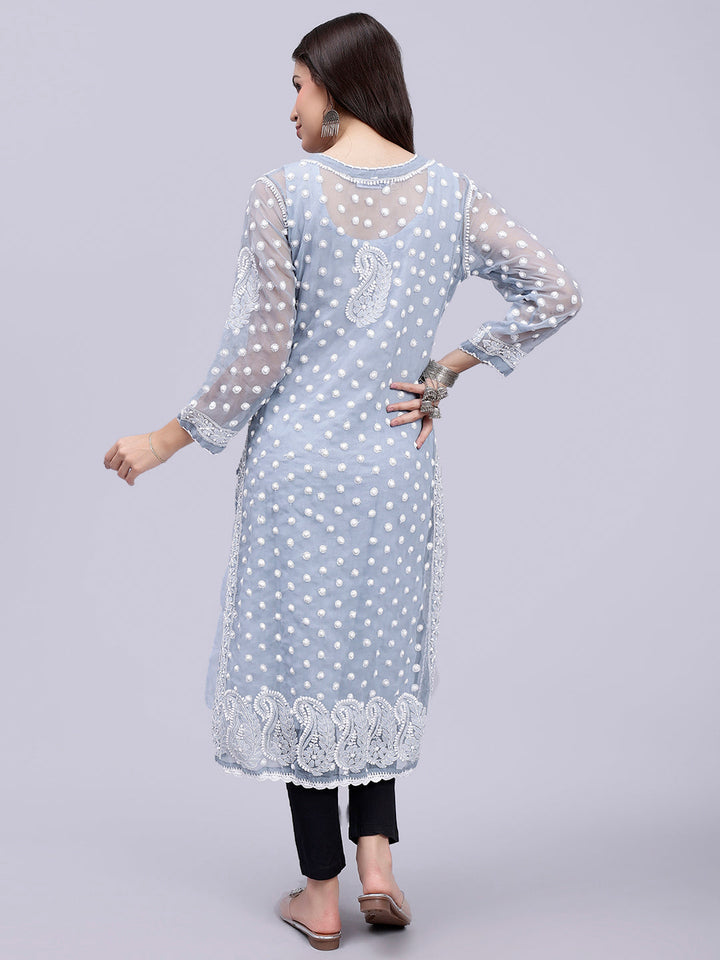 Grey Georgette Polka Dot & Paisley Chikankari Kurti with Slip