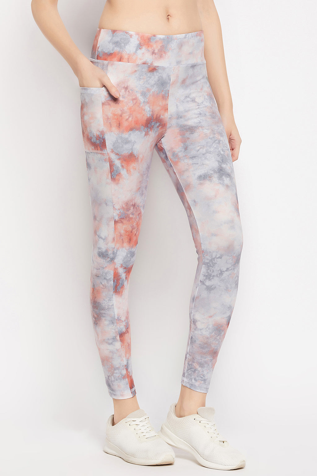 Grey High Rise Tie-Dye Print Active Tights with Side Pocket