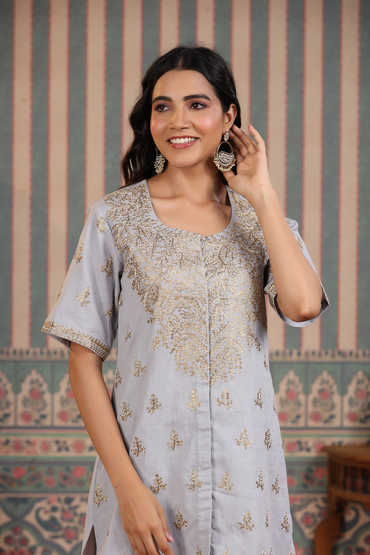 Grey Kingbird Silk Embroidered Co-Ord Set