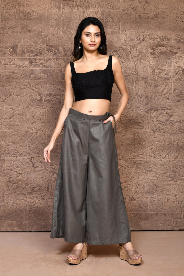 Grey Light-Weight Cotton Slub Palazzo Pants