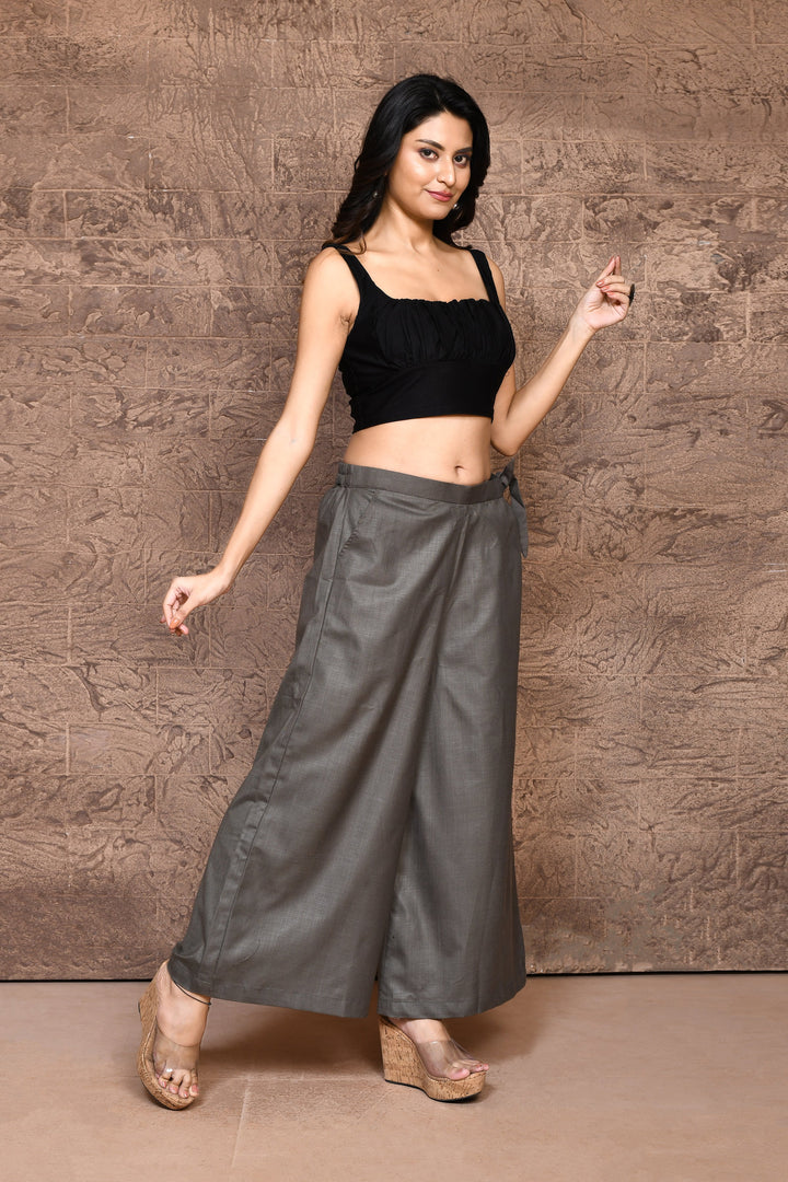 Grey Light-Weight Cotton Slub Palazzo Pants