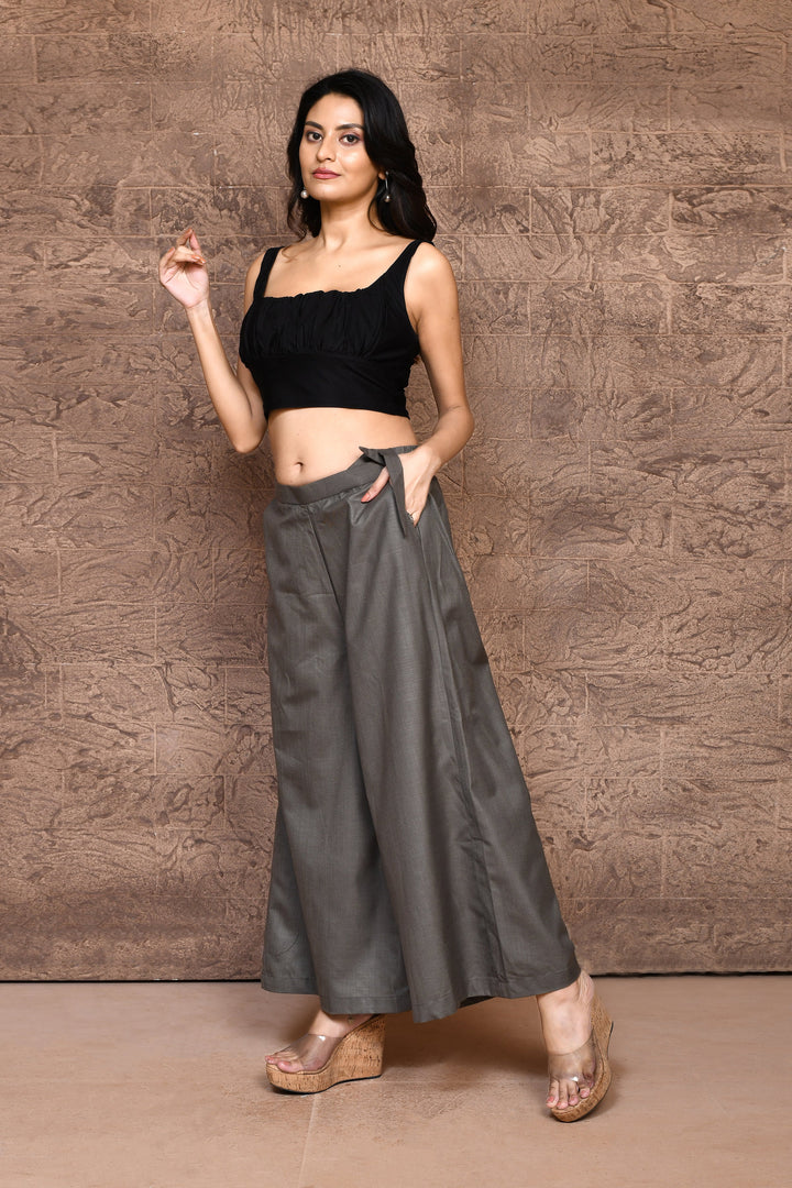 Grey Light-Weight Cotton Slub Palazzo Pants