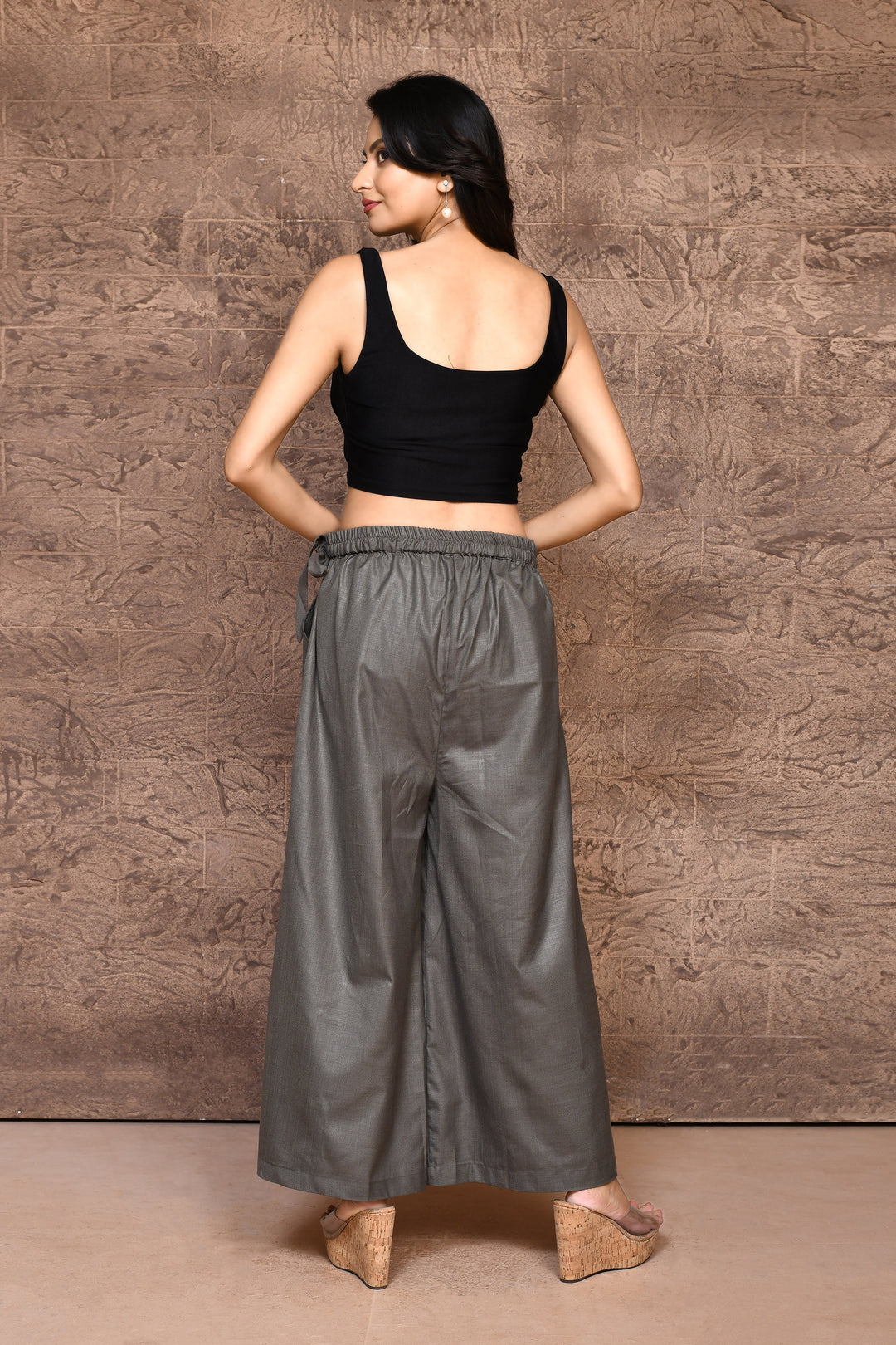 Grey Light-Weight Cotton Slub Palazzo Pants