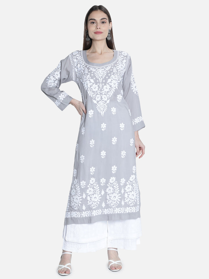 Grey Modal Cotton Kurta in White Chikan Work