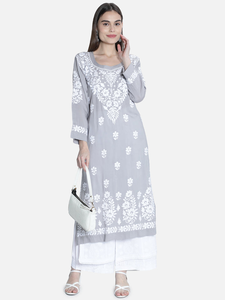 Grey Modal Cotton Kurta in White Chikan Work